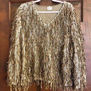Judith Ann Creations Genuine Leather Fringe Sweater Top, Size XL